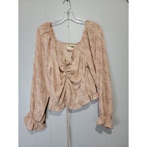 Savanna Jane Tan Paisley Ruched Front Ruffle Blouse Square Neck Top T11231 Small